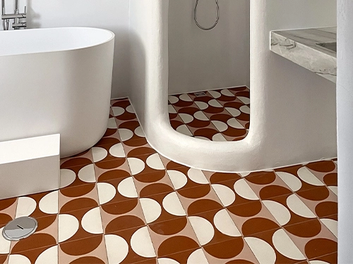 70s-inspired-red-white-cement-tiles-bathroom-floor